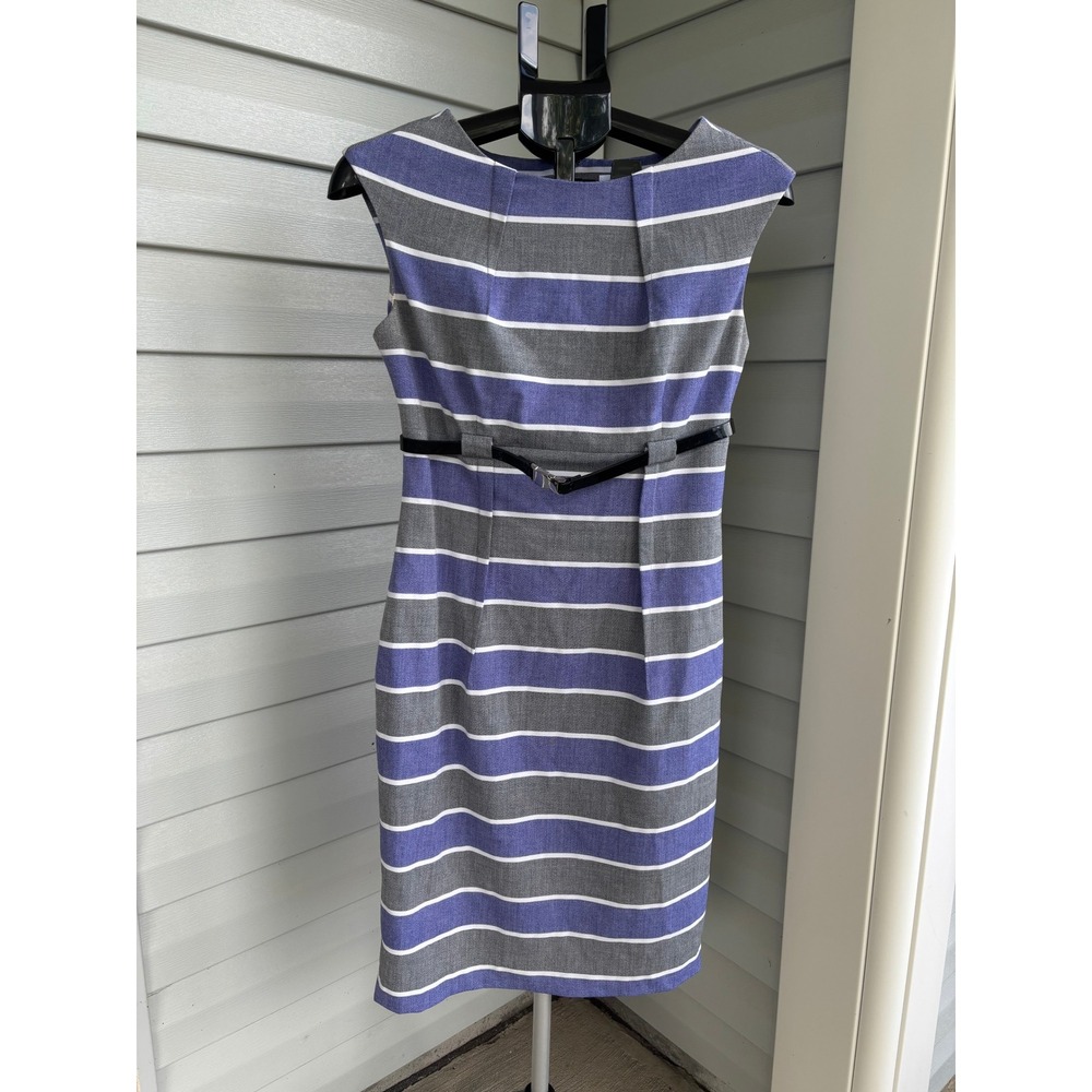 Calvin Klein Women Purple Grey Striped Belted Sheath Dress Size 4 Sleeveless